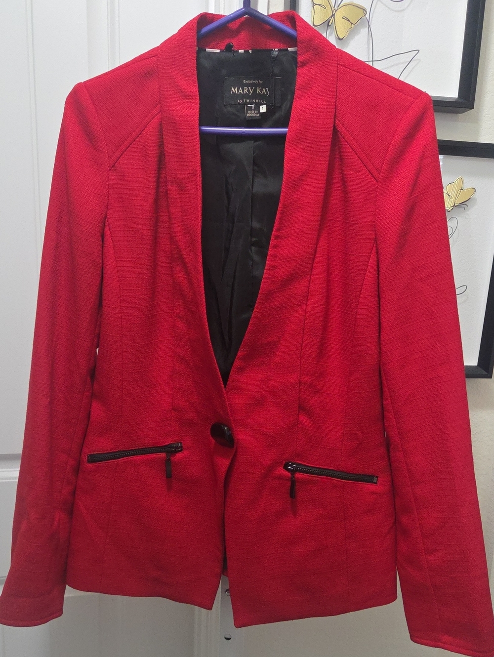 Mary Kay Red Textured Single-Button Blazer with Black Trim